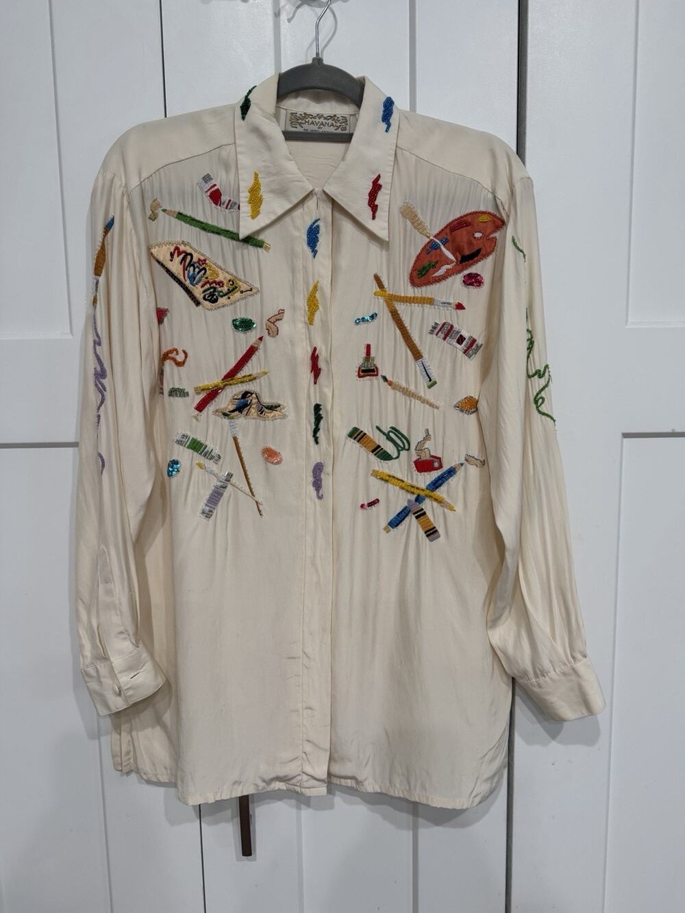 Vintage Havana By Hero Group Womens Size 4 Silk Shirt Ivory Artist Paint Beaded